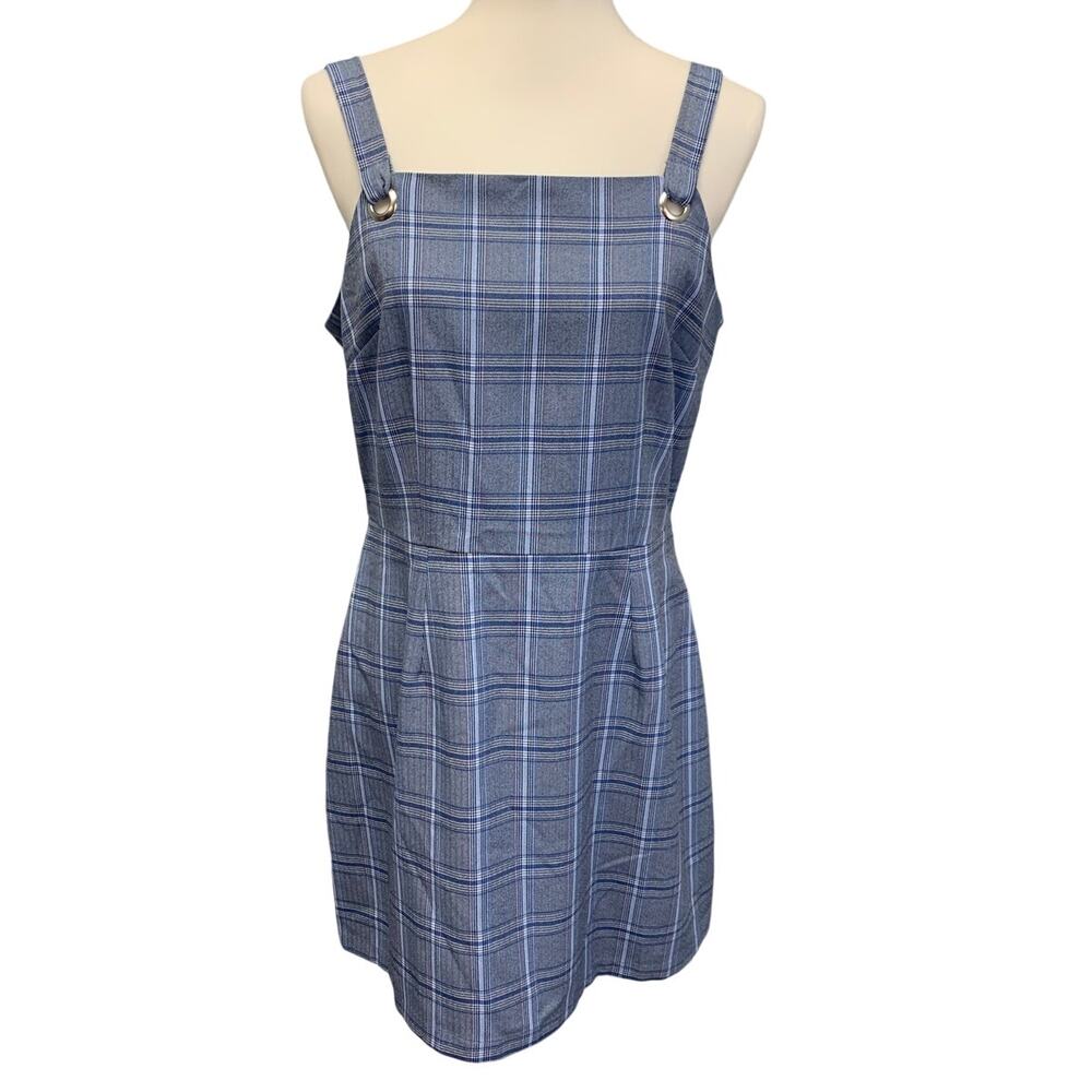 BeBop Womens Large Bib Front Blue Pink Plaid Chinched Waist Sheath Dress